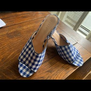 J Crew Blue and White Check Slip on Heel